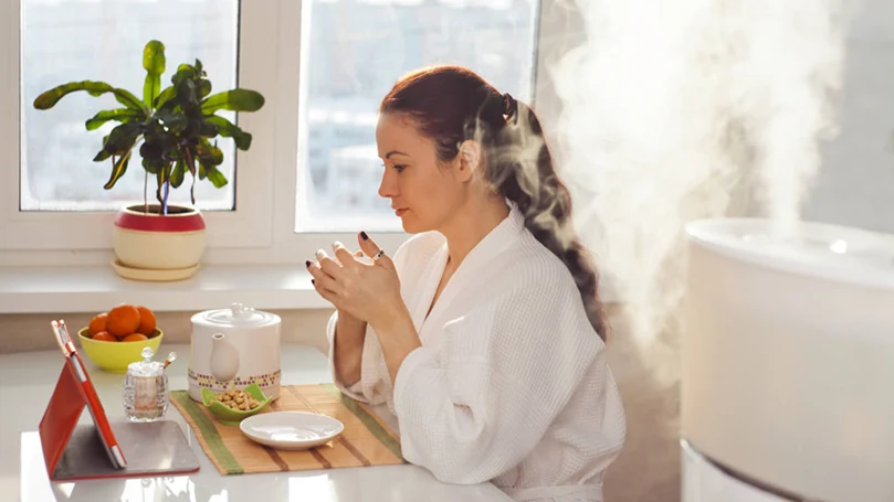 an image of a woman sitting next to a humidifier