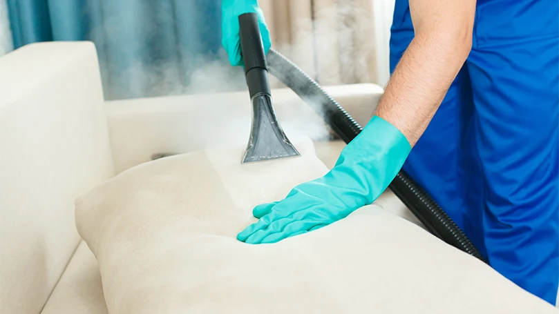 an image of a professional worker steam cleaning the furniture