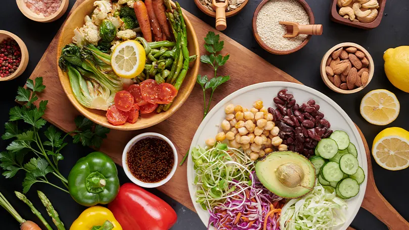 Healthy food on a wooden board